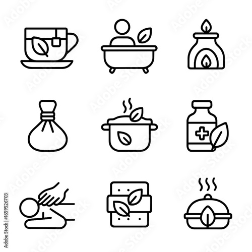 Herbal Uses Icons Grid. Outline icon set of herbal uses: herbal infusion, herbal bath, aromatherapy, herbal compress, herbal