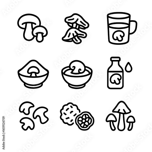 Mushroom Culinary Icons. Outline icon set of mushroom culinary ingredients: fresh mushrooms, dried mushrooms, mushroom broth,