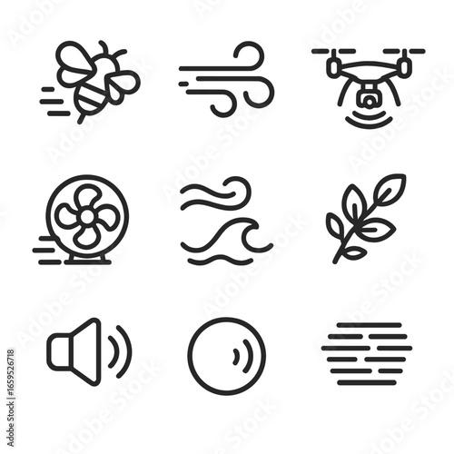 Environmental Sound Icons. Outline icon set of hum in environmental sounds: buzzing, wind blowing, distant drone sound, air