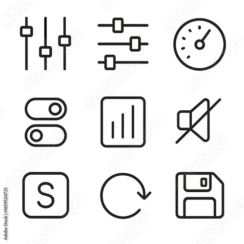 Equalizer Icon Set. Outline icon set of equalizer controls: vertical sliders, horizontal sliders, rotary knobs, button toggles,