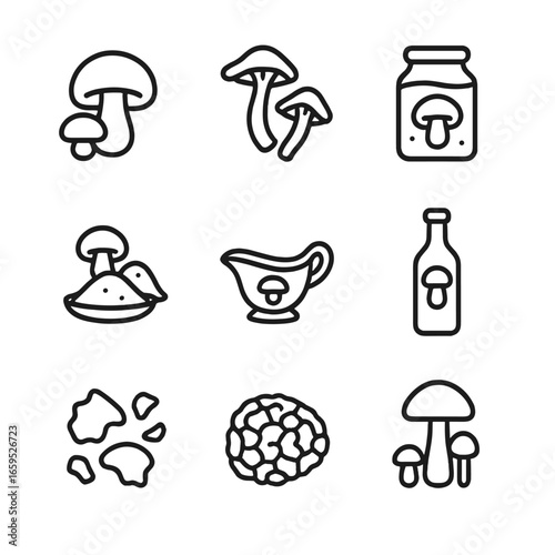 Mushroom Culinary Icons. Outline icon set of mushroom culinary ingredients: fresh mushrooms, dried mushrooms, mushroom broth,