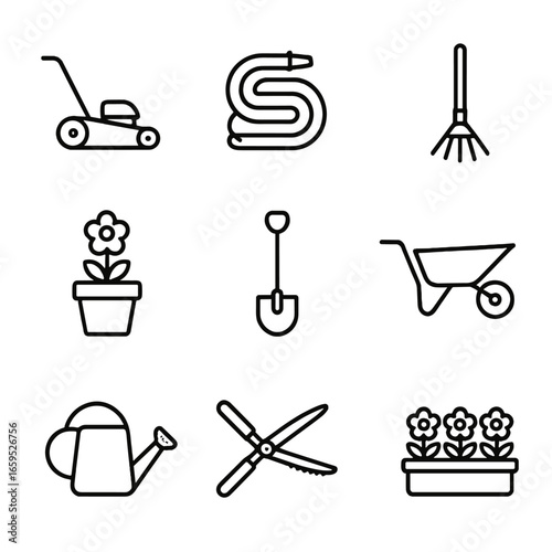 Home Garden Tools. Outline icon set of home garden: lawn mower, garden hose, rake, flower pot, garden shovel, wheelbarrow,