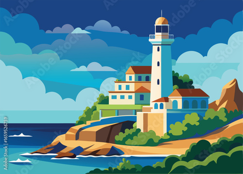 A vibrant and colorful flat design illustration of a picturesque coastal village.