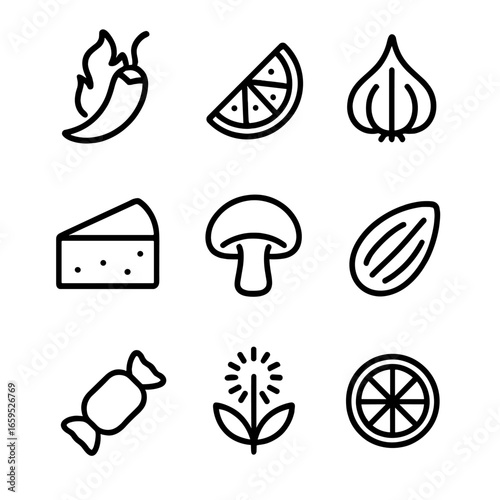 Mustard Flavor Icons. Outline icon set of mustard flavor profile: spicy, tangy, pungent, sharp, earthy, nutty, sweet, bitter,