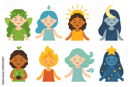 Nature Spirit Icons. Flat vector mini-illustrations eternal nature spirits in colors children's illustrations: forest fairy, water
