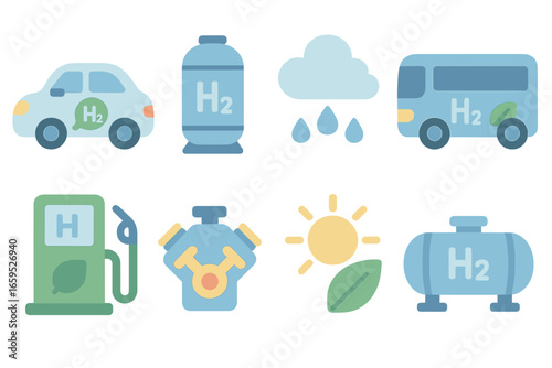 Hydrogen Transport Icons. Flat vector mini-illustrations hydrogen-powered transport in colors children's
