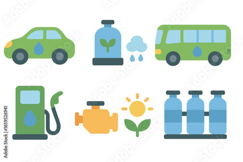 Hydrogen Transport Icons. Flat vector mini-illustrations hydrogen-powered transport in colors children's