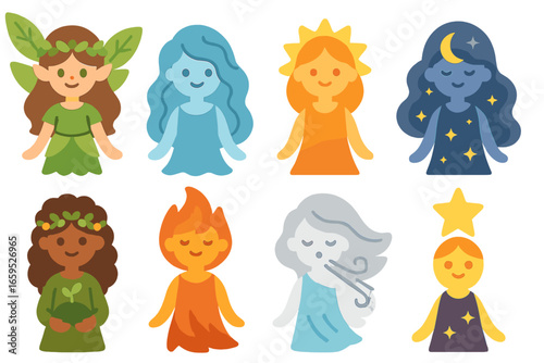 Nature Spirit Icons. Flat vector mini-illustrations eternal nature spirits in colors children's illustrations: forest fairy, water