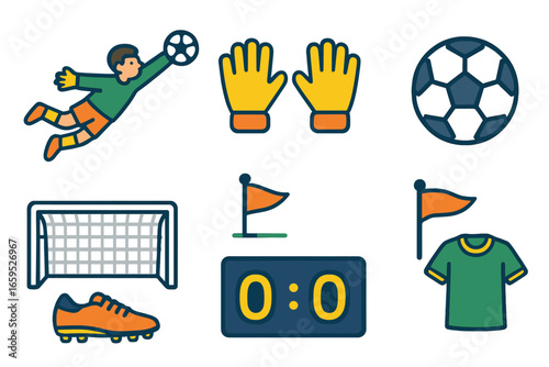 Iconic Goalkeeper Moments. Flat vector mini-illustrations iconic goalkeeper moments in colors children's