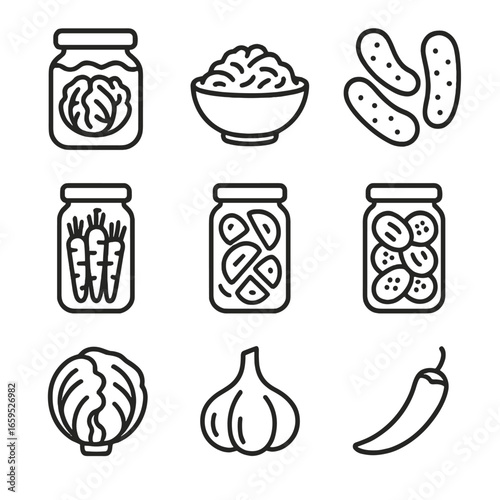 Fermented Vegetables Icons. Outline icon set of fermented vegetables: kimchi jar, sauerkraut bowl, pickles, fermented carrots,