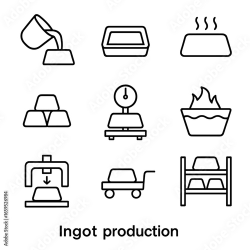 Ingot Production Icons. Outline icon set of ingot production process: molten metal pouring, mold casting, cooling ingot, stacking