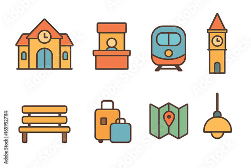 Iconic Train Stations. Flat vector mini-illustrations iconic train stations in colors children's illustrations