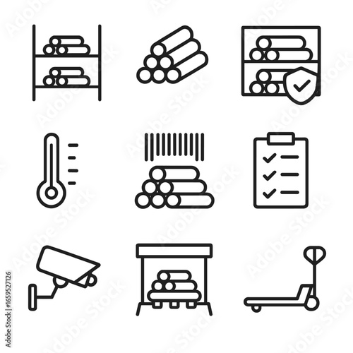Iron Bar Storage Icons. Outline icon set of iron bar storage: warehouse racks, stacked bars, secured storage, temperature control,