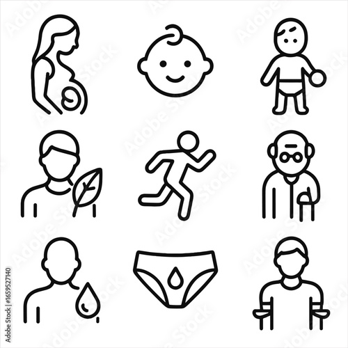 Iron Deficiency Icons. Outline icon set of iron deficiency risk groups: pregnant women, infants, toddlers, vegetarians, athletes,