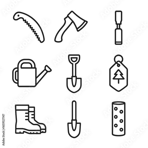 Fir Tree Tool Icons. Outline icon set of fir tree tools: pruning saw, axe, wood chisel, watering can, shovel, tree tag, forestry