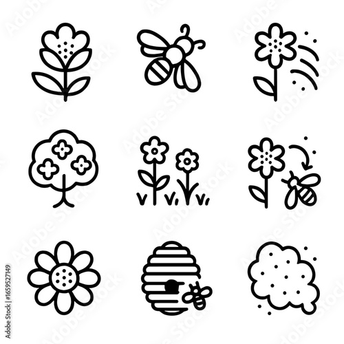 Nature's Pollen Icons. Outline icon set of pollen in nature: blooming flower, bee on flower, wind dispersal, flowering tree,