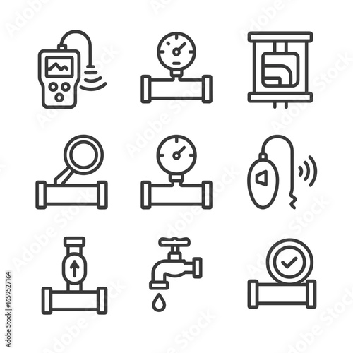 Iron Pipe Inspection Icons. Outline icon set of iron pipe inspection and testing: ultrasonic tester, pressure test, X-ray scan,