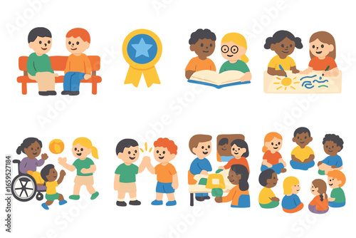 Inclusive Education Icons. Flat vector mini-illustrations of peer support in inclusive education in colors