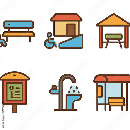 Inclusive Urban Icons. Flat vector mini-illustrations urban design for inclusivity in colors children's