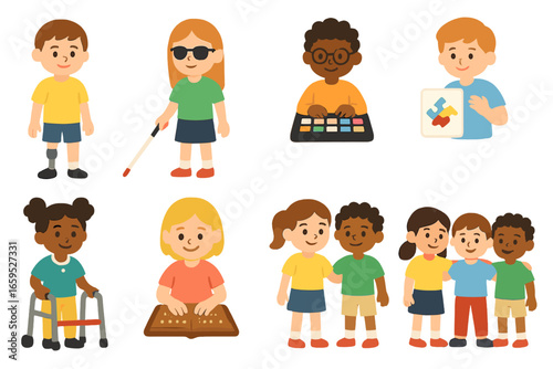 Inclusive Student Icons. Flat vector mini-illustrations of students with diverse abilities in colors