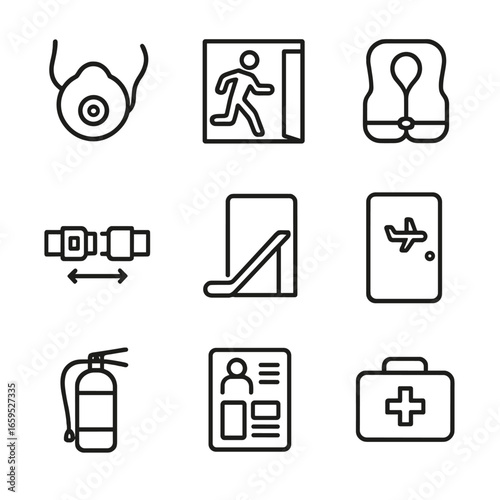 Flight Safety Icons. Outline icon set of flight safety and procedures: oxygen mask, emergency exit, life vest, seatbelt sign,