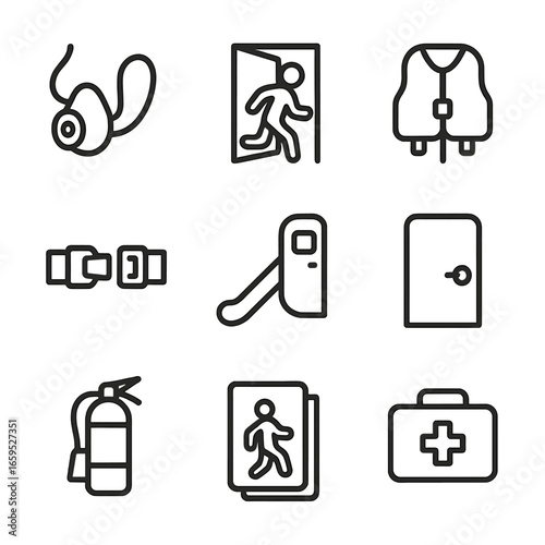 Flight Safety Icons. Outline icon set of flight safety and procedures: oxygen mask, emergency exit, life vest, seatbelt sign,