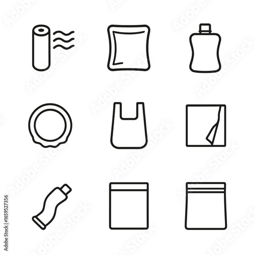 Flexible Packaging Icons. Outline icon set of flexible packaging: stretch film, bendable container, flexible pouch, collapsible