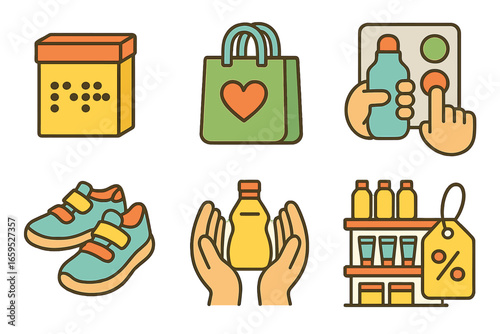 Inclusive Product Icons. Flat vector mini-illustrations accessible product marketing in colors children's