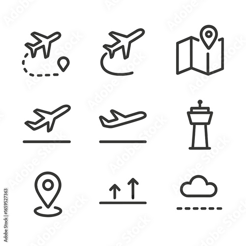 Flight Path Icons. Outline icon set of flight path: airplane route, curved trajectory, waypoint, flight map, takeoff, landing, air