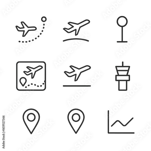 Flight Path Icons. Outline icon set of flight path: airplane route, curved trajectory, waypoint, flight map, takeoff, landing, air