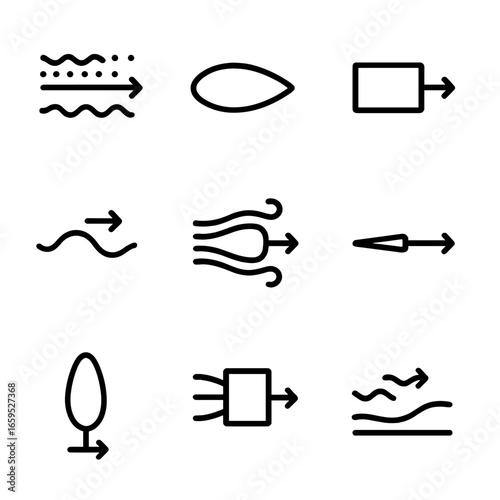 Fluid Drag Icons Set. Outline icon set of fluid drag types: skin friction, form drag, pressure drag, wave drag, induced drag,