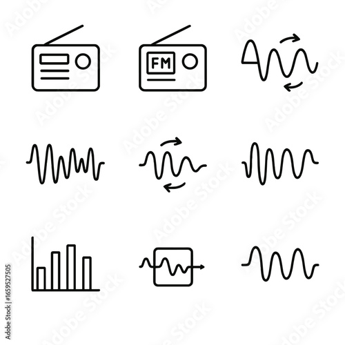 Frequency Modulation Icons. Outline icon set of frequency modulation: AM radio, FM radio, phase modulation, frequency shift,
