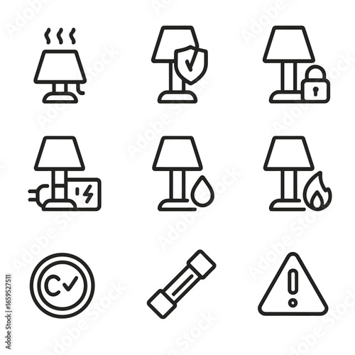 Lamp Safety Icons. Outline icon set of lamp safety features: overheat protection, shatterproof glass, child lock, surge protector,