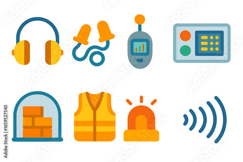 Industrial Safety Icons. Flat vector mini-illustrations Industrial noise safety equipment in colors children's