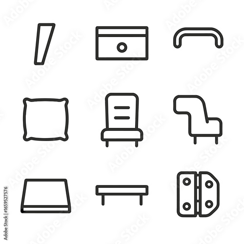 Furniture Outline Icons. Outline icon set of furniture components: leg, drawer, handle, cushion, backrest, armrest, tabletop,