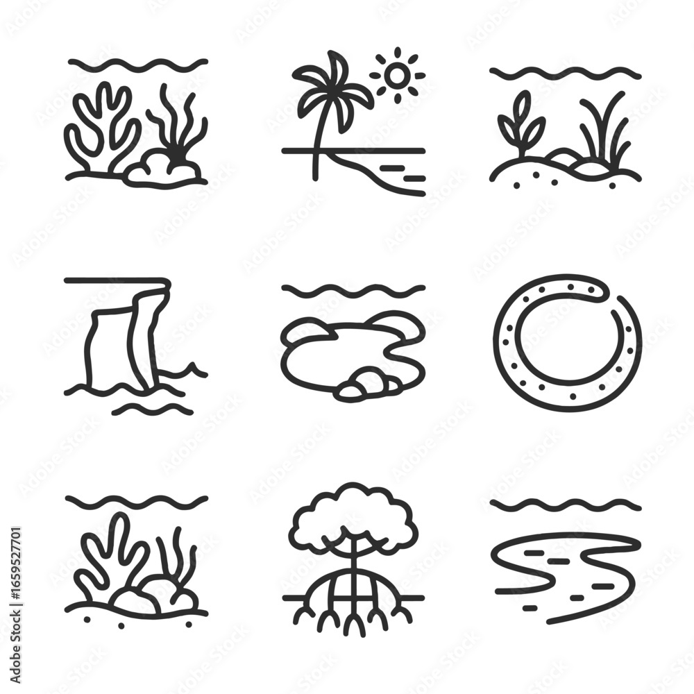 Naklejka premium Ocean Icons Collection. Outline icon set of ocean environments: coral reef, beach, seabed, cliff, lagoon, atoll, reef, mangrove,