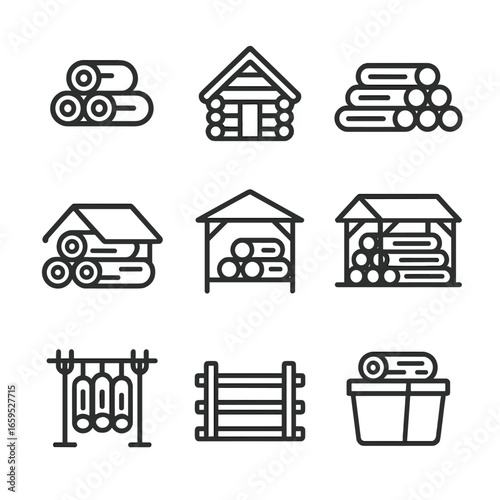 Log Storage Icons. Outline icon set of log storage: woodpile, log cabin, stack of logs, covered logs, log shed, timber yard,