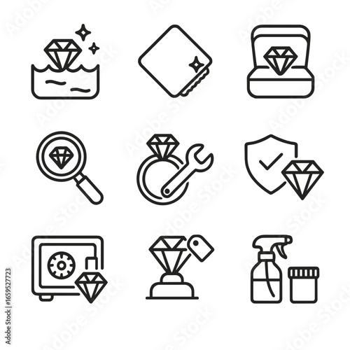 Garnet Care Icons. Outline icon set of garnet care and maintenance: jewelry cleaning, polishing cloth, jewelry box, gemstone