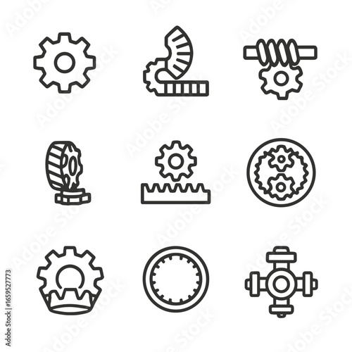 Gear Icon Set. Outline icon set of gear types: spur gear, bevel gear, worm gear, helical gear, rack gear, planetary gear, crown