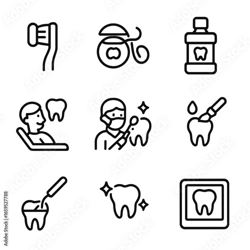 Oral Hygiene Icons. Outline icon set of oral hygiene routine: brushing, flossing, mouthwash, dental visit, dental cleaning,