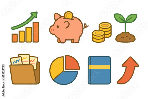 Investing Icon Set. Flat vector mini-illustrations long-term investing in colors children's illustrations: