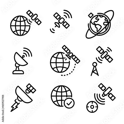 Geostationary Orbit Icons. Outline icon set of geostationary orbit advantages: fixed coverage, constant signal, wide area coverage