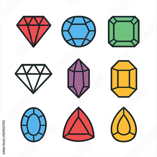 Gemstone Icon Grid. Outline icon set of colored gemstones: ruby, sapphire, emerald, diamond, amethyst, topaz, aquamarine, garnet,