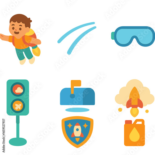 Jetpack Adventure Icons. Flat vector mini-illustrations jetpack adventures in colors children's illustrations: