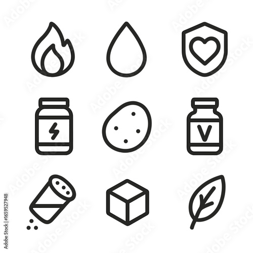 Mayonnaise Nutritional Icons. Outline icon set of mayonnaise nutritional info: calories, fat content, cholesterol, protein, carbs,