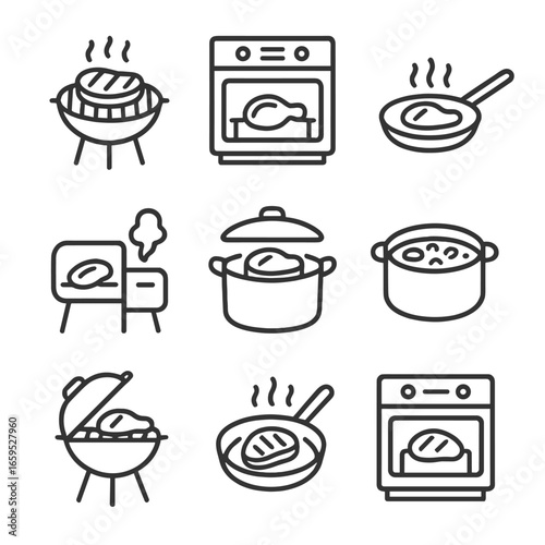 Meat Cooking Icons. Outline icon set of meat cooking methods: grilling, roasting, frying, smoking, braising, stewing, barbecuing,
