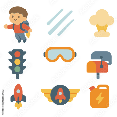 Jetpack Adventure Icons. Flat vector mini-illustrations jetpack adventures in colors children's illustrations:
