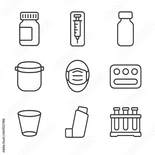 Medical Supplies Icons. Outline icon set of hard plastic medical supplies: pill bottle, syringe casing, plastic vial, face shield,