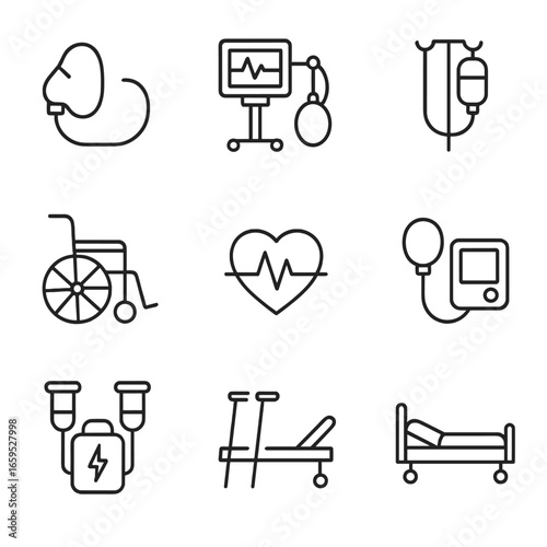 Medical Icons Grid. Outline icon set of life support systems: oxygen mask, ventilator, IV drip, wheelchair, crutches, heart rate,