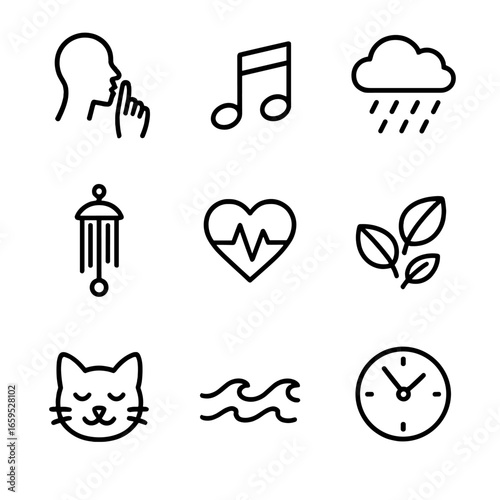 Mild Sounds Icon Set. Outline icon set of mild sounds: whisper, soft music note, gentle rain, wind chime, heartbeat, rustling